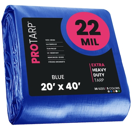 20 Ft X 40 Ft Blue Polyethylene Heavy Duty 22 Mil Tarp, Waterproof, UV Resistant, Rip And Tear Proof